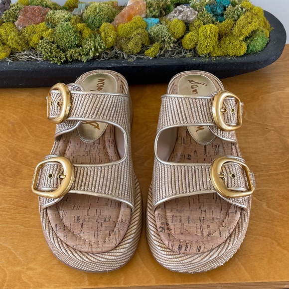new Sam Edelman Nerissa Platform Summer Slide Sandals Raffia Gold Buckle Sz 8.5 - Picture 8 of 8